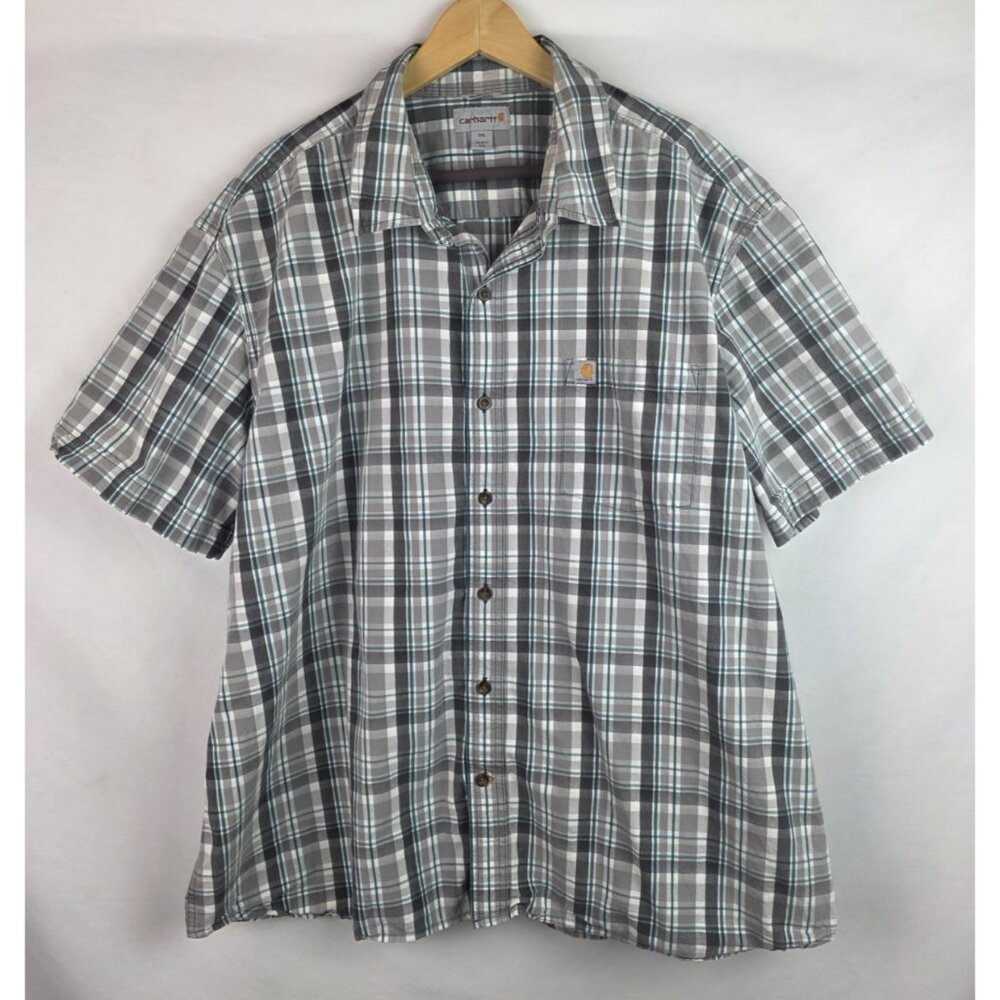 Carhartt Shirt Mens Size 3XL Gray Plaid Short Sleeve Button Down Relaxed Fit Top
